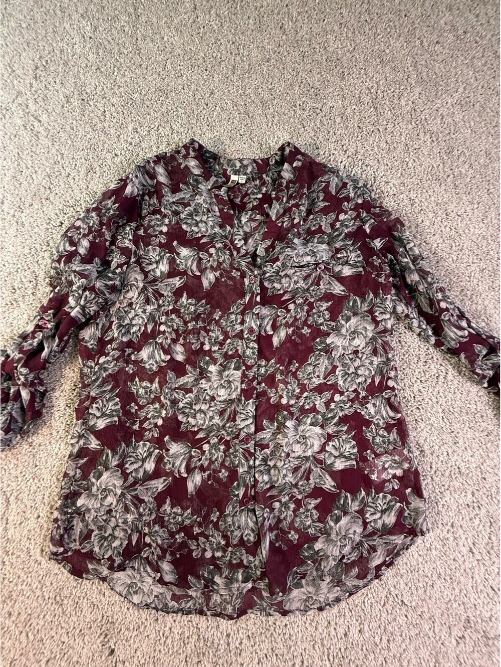 Kut From The Cloth Sheer Blouse Size Large Burgundy Floral Button Down V Neck